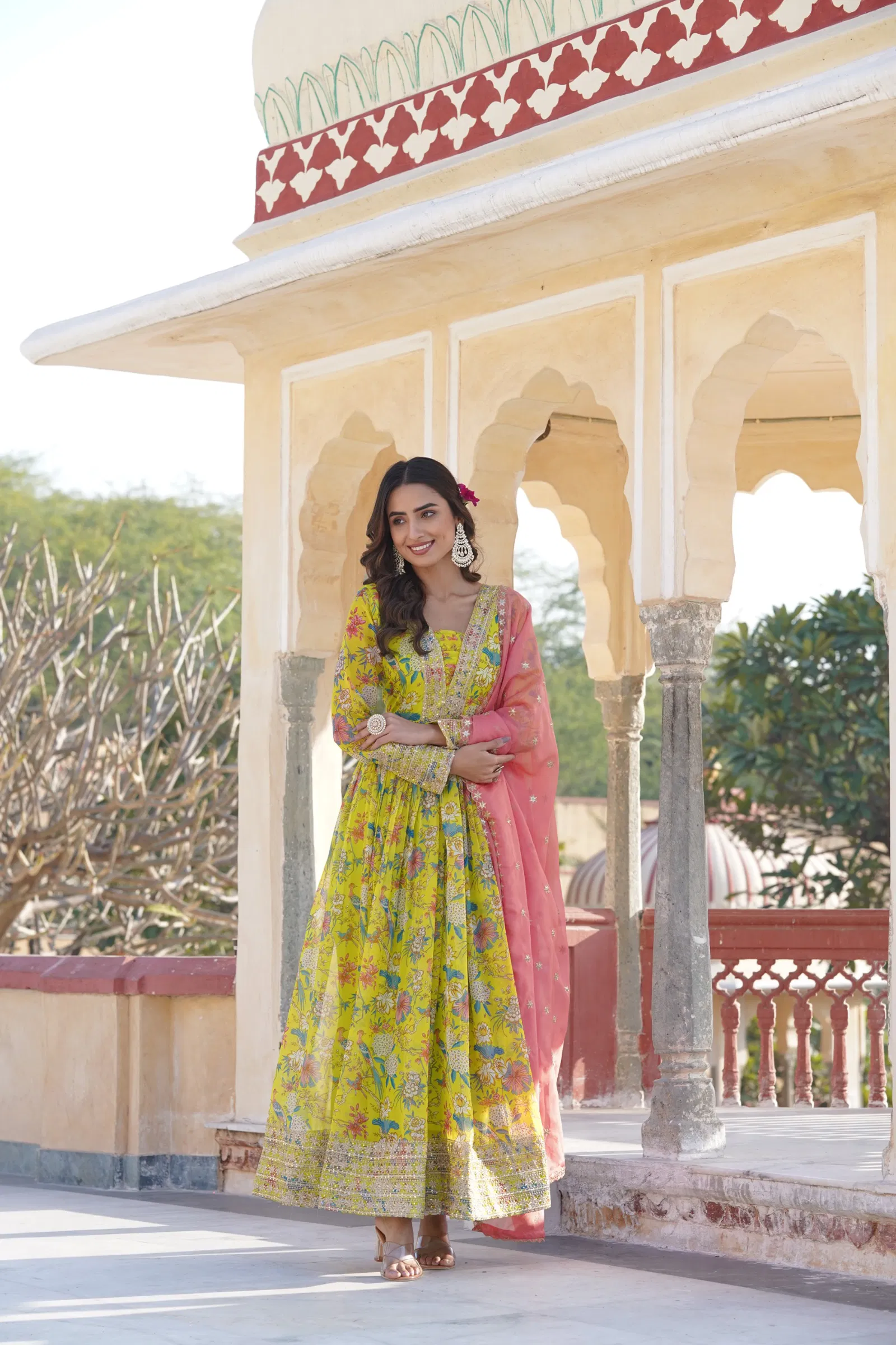 KA 1087 Russian Silk Embroidery Printed Wedding Gown Dupatta Wholesalers In Delhi
